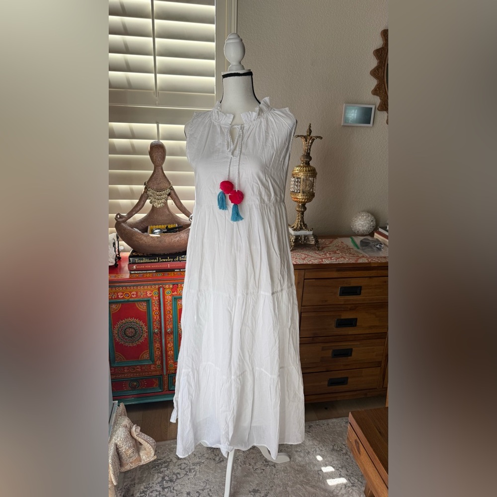 White Sleeveless Dress with Tassel Accents